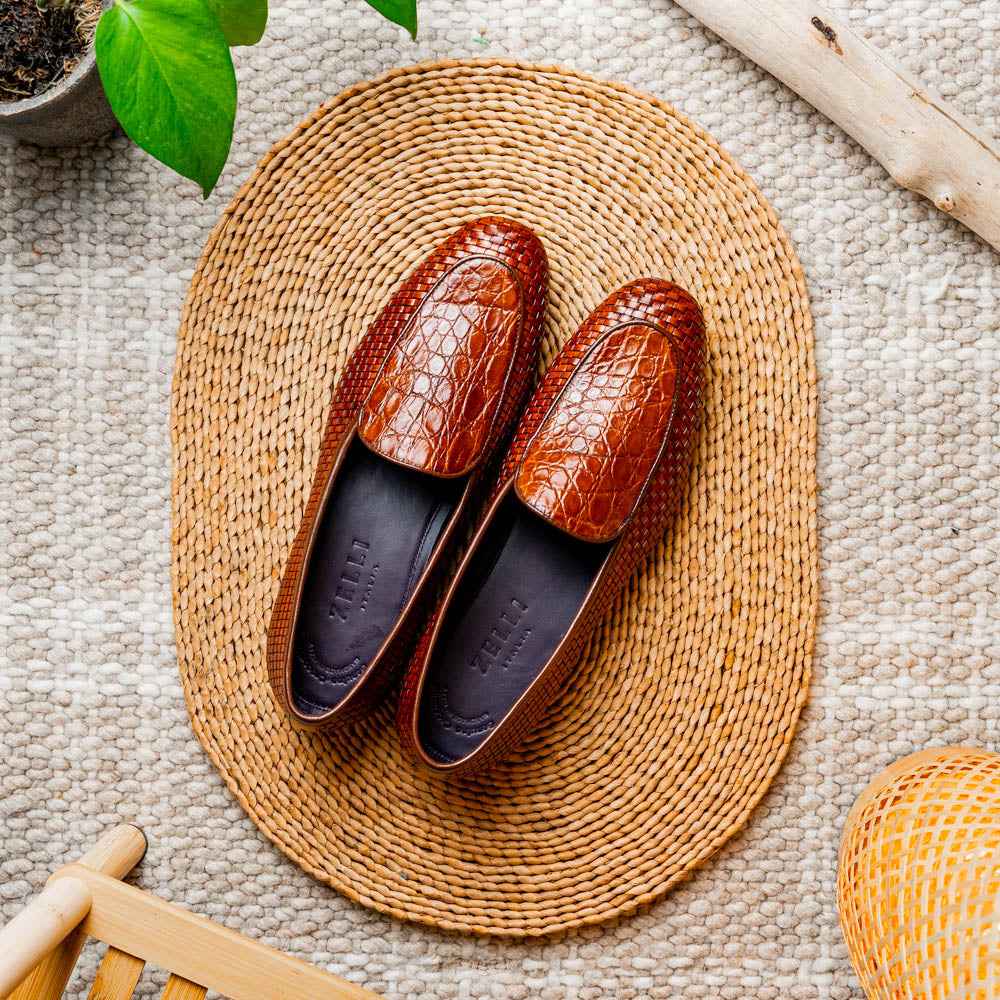 11-620-CGN PALIO Genuine Crocodile and Calfskin Basketweave Slip On, Cognac