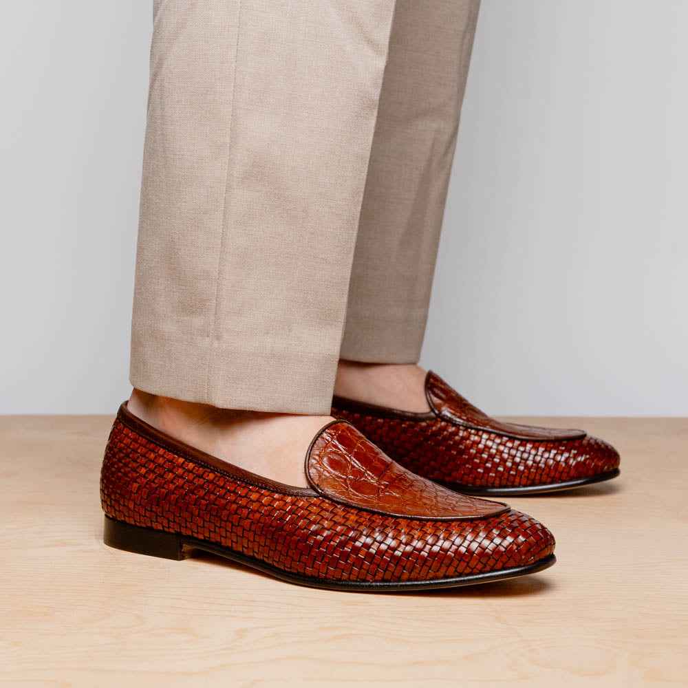 11-620-CGN PALIO Genuine Crocodile and Calfskin Basketweave Slip On, Cognac