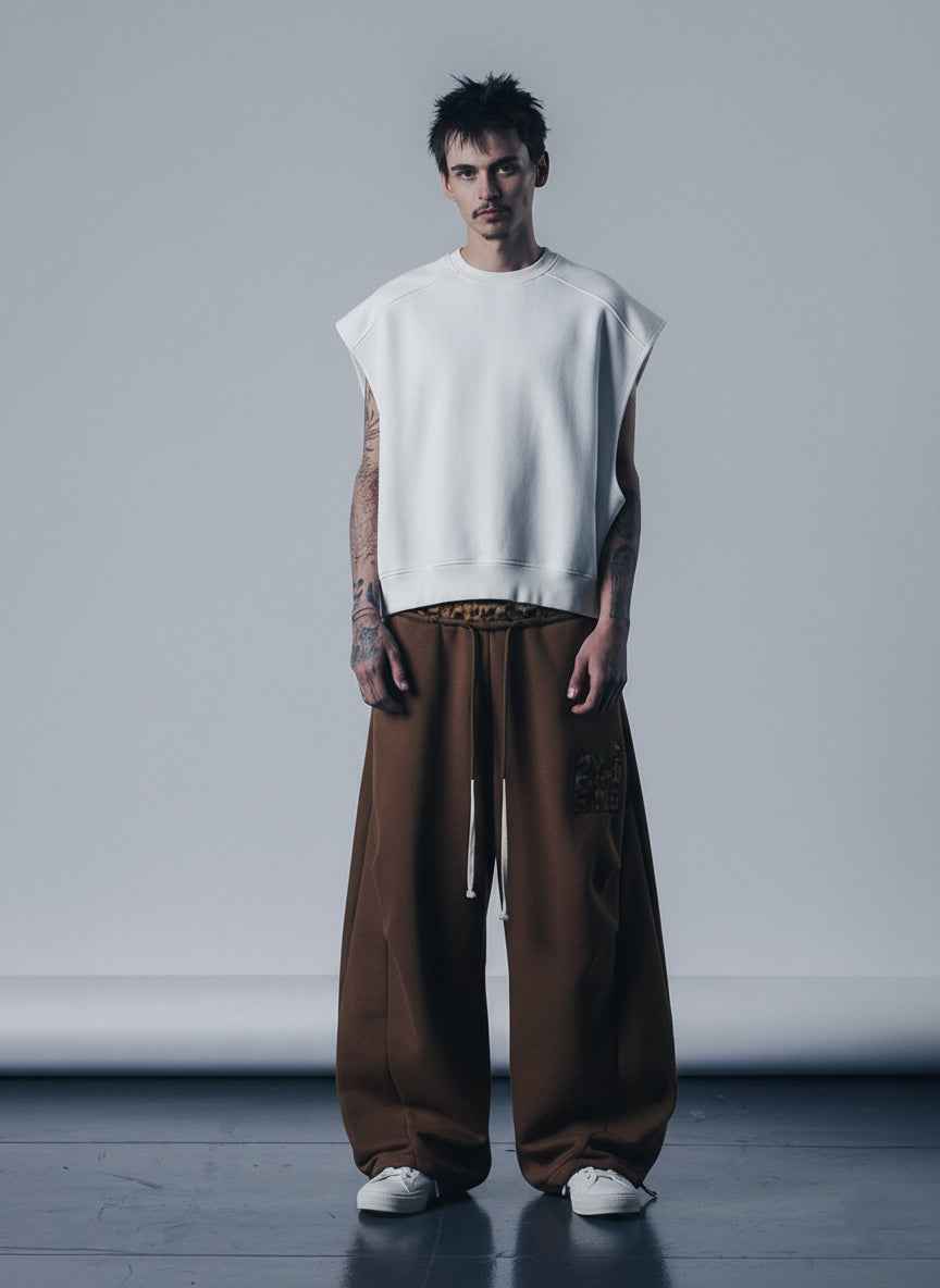 Retro Double-Waist Leopard Patch Barrel Pants - 2564