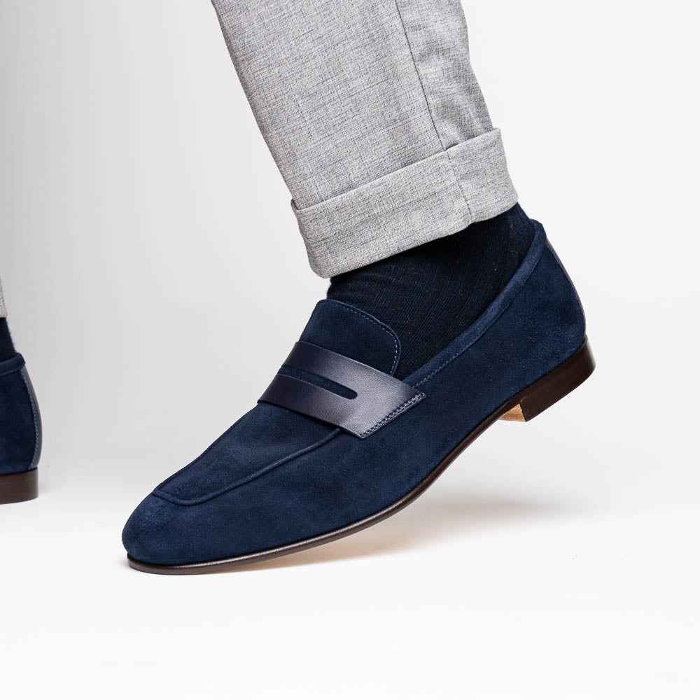 16-672-NVY Tippa Suede & Calfskin Penny Loafers Navy