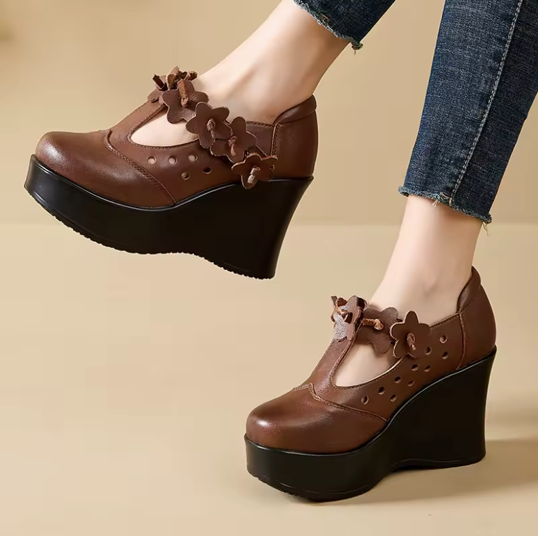 USS Shoes Ailing Women's Leather Flower Wedges - Luxuryurbanwear