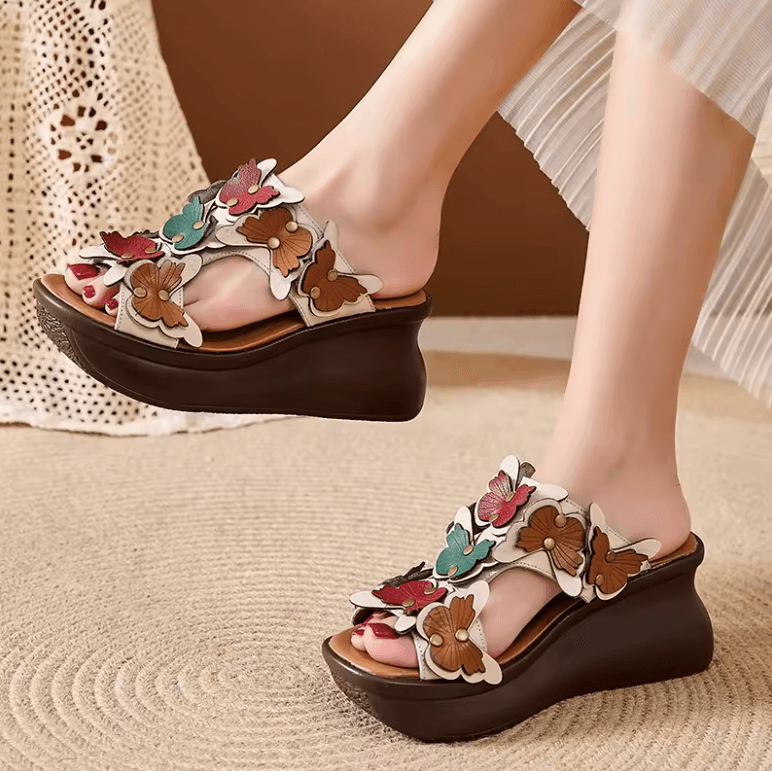 USS Shoes Claudia Women's Floral Leather Slides Wedges