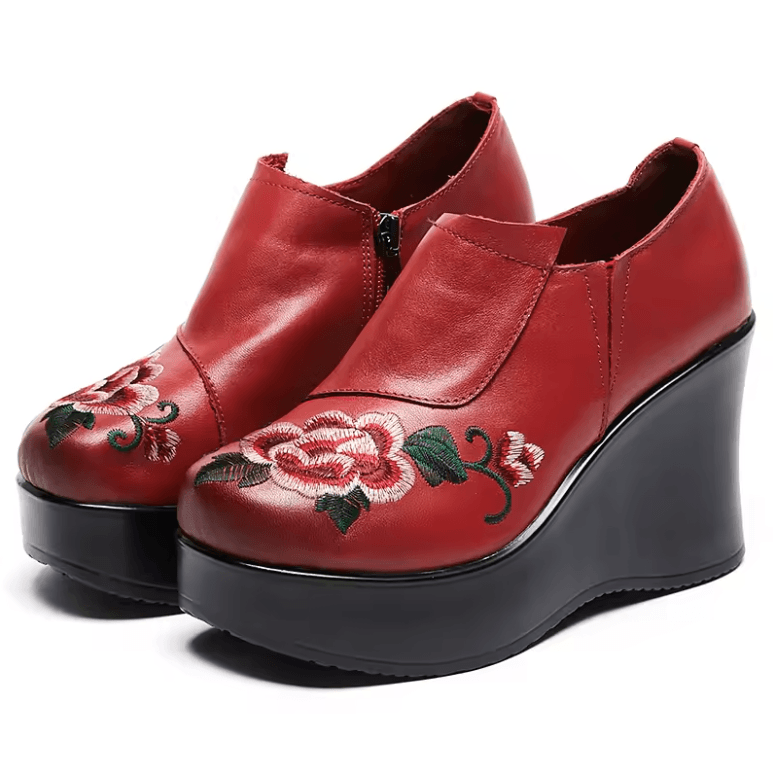 USS Shoes Elia Women's Leather Embroidered Flower Wedges Platforms