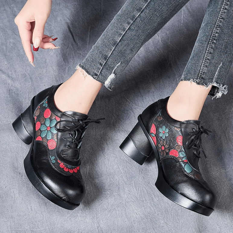 USS Shoes Loly Women's Leather Printed Flower Lace-Up Pumps