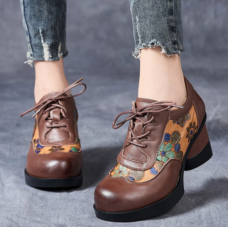 USS Shoes Loly Women's Leather Printed Flower Lace-Up Pumps