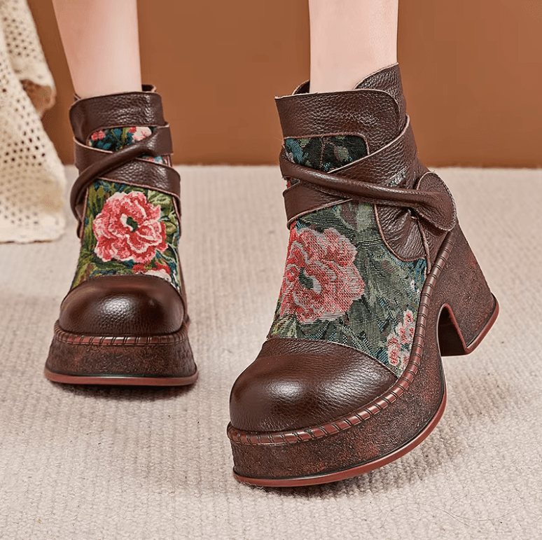 USS Shoes Ruby Women's Leather Round Toe Flowers Retro Boots
