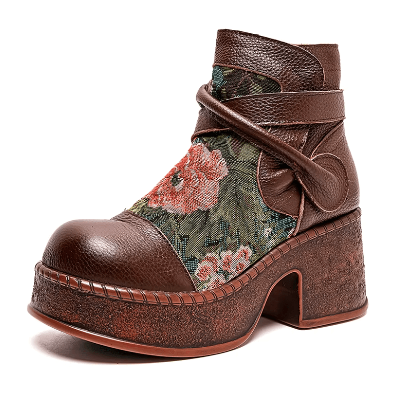 USS Shoes Ruby Women's Leather Round Toe Flowers Retro Boots - Luxuryurbanwear