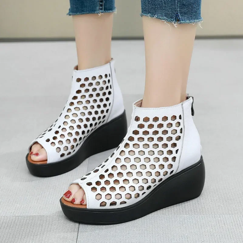 Women's summer wedge sandals with white honeycomb mesh design and black platform sole