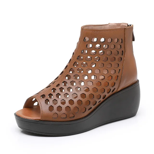 Brown women's summer wedge sandal with geometric cutouts, luxury urban footwear.