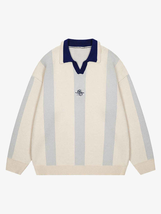 Vertical Striped Colorblock Lapel Sweater