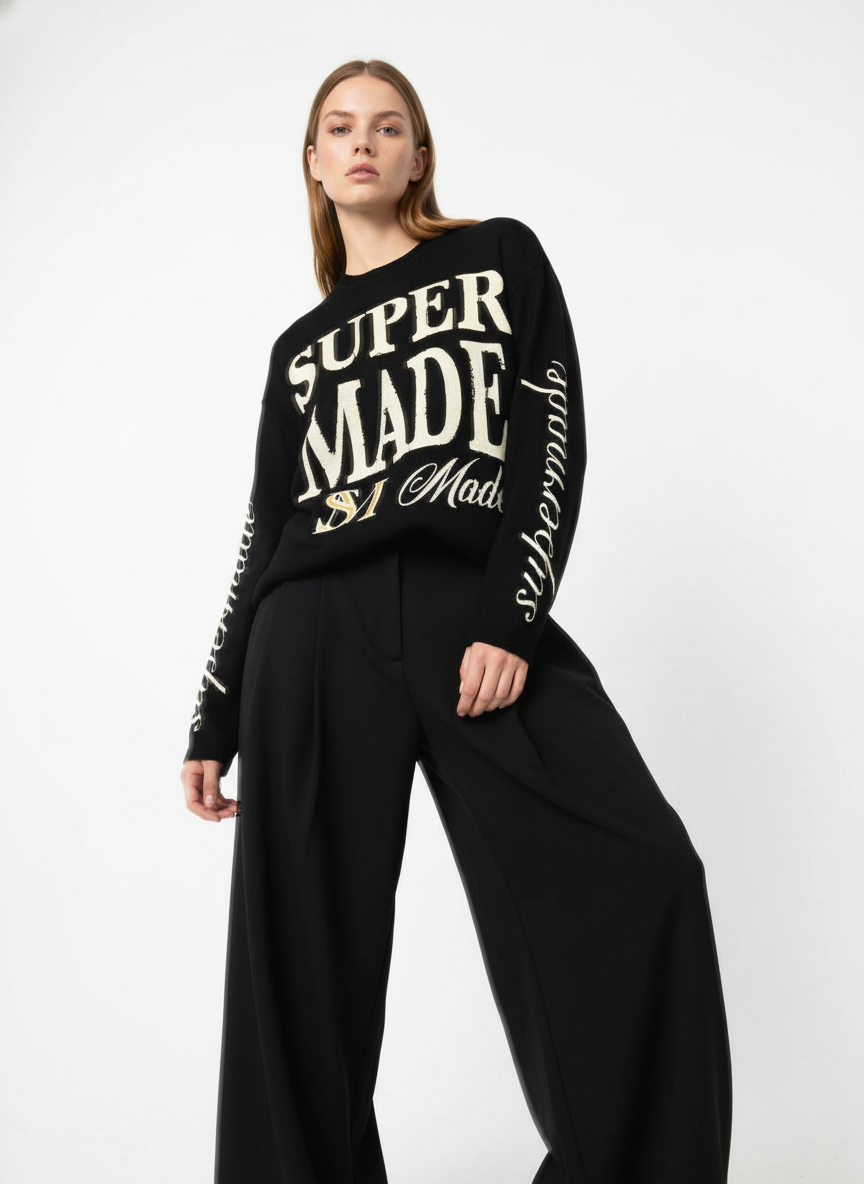 Retro Letter Print Waffle Simplicity Long-Sleeved T-Shirt - Luxuryurbanwear