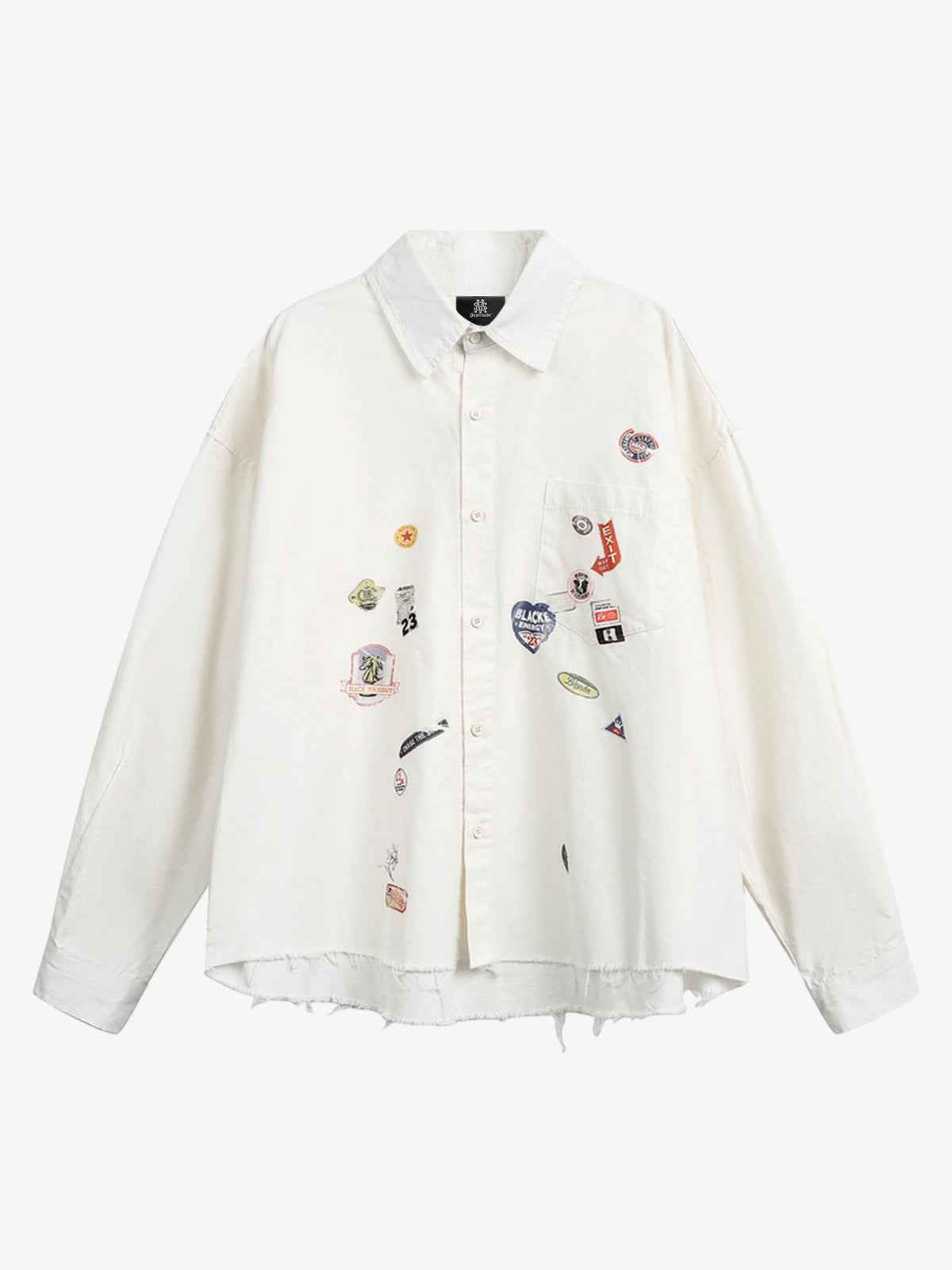 Fun Distressed Raw-Edge Printed Long-Sleeved Shirt
