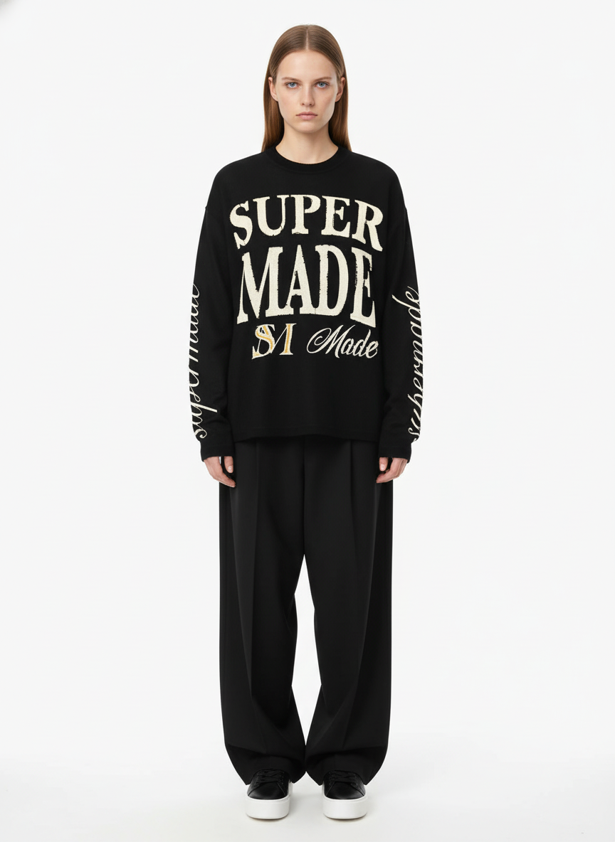 Retro Letter Print Waffle Simplicity Long-Sleeved T-Shirt - Luxuryurbanwear