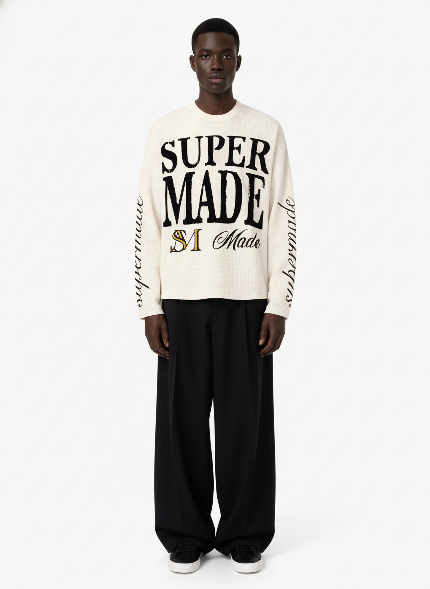 Retro Letter Print Waffle Simplicity Long-Sleeved T-Shirt - Luxuryurbanwear