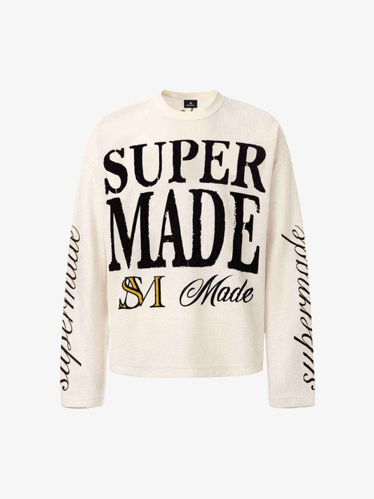 Retro Letter Print Waffle Simplicity Long-Sleeved T-Shirt