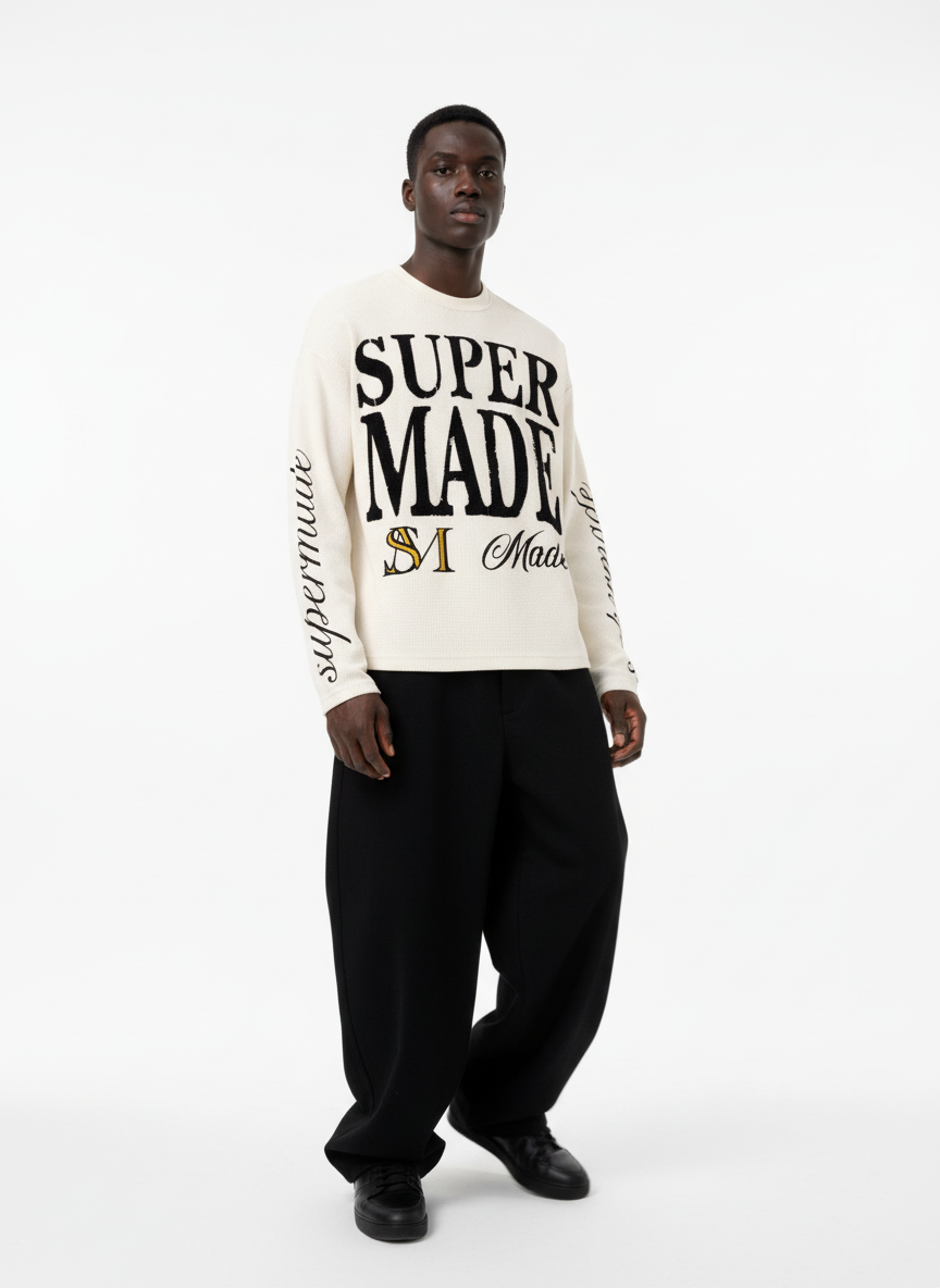 Retro Letter Print Waffle Simplicity Long-Sleeved T-Shirt - Luxuryurbanwear