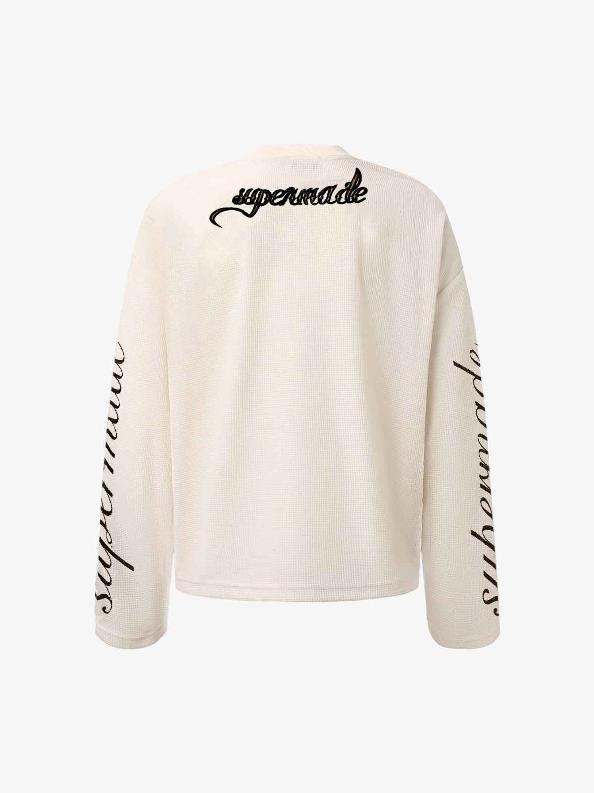 Retro Letter Print Waffle Simplicity Long-Sleeved T-Shirt