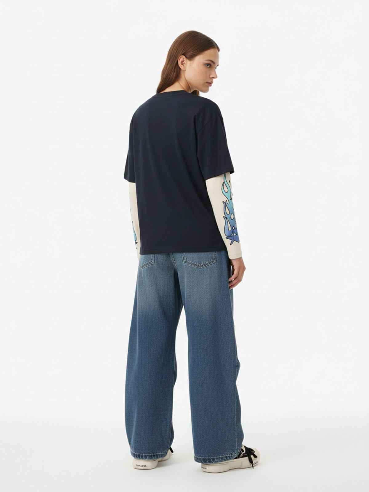 Gradient Letter Print Patchwork Faux Two-Piece Long-Sleeved T-Shirt