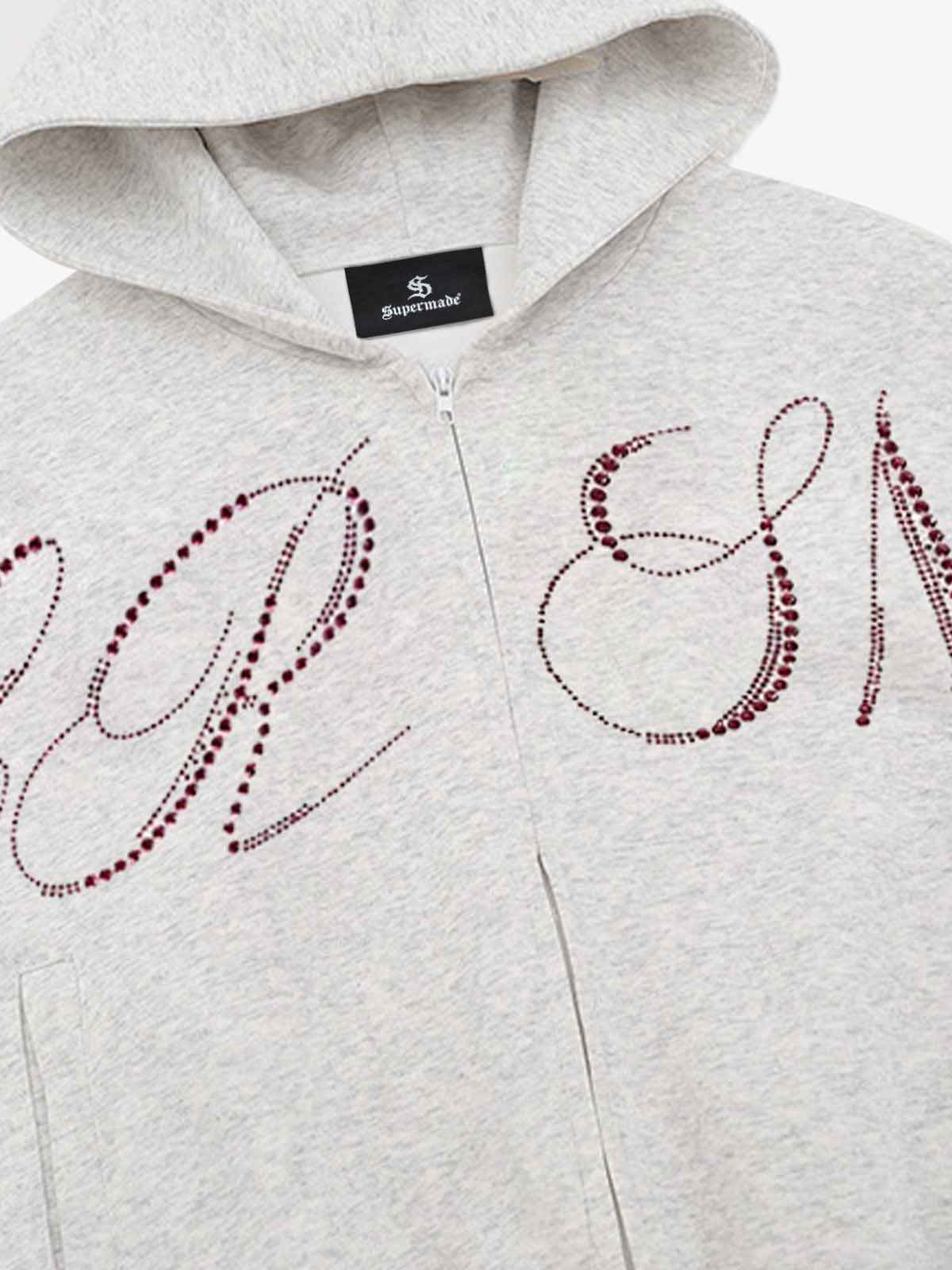 Street Hip-Hop Rhinestone Cropped Zip Up Hoodie
