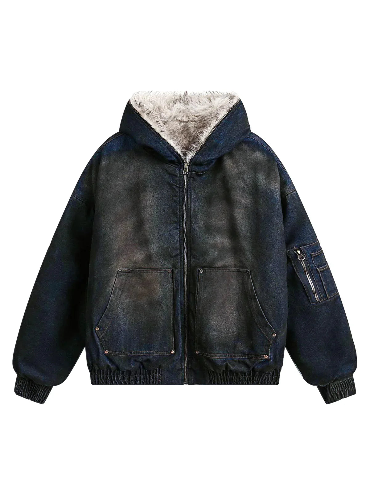 Washed Denim Fur | Hooded Jacket - Luxuryurbanwear