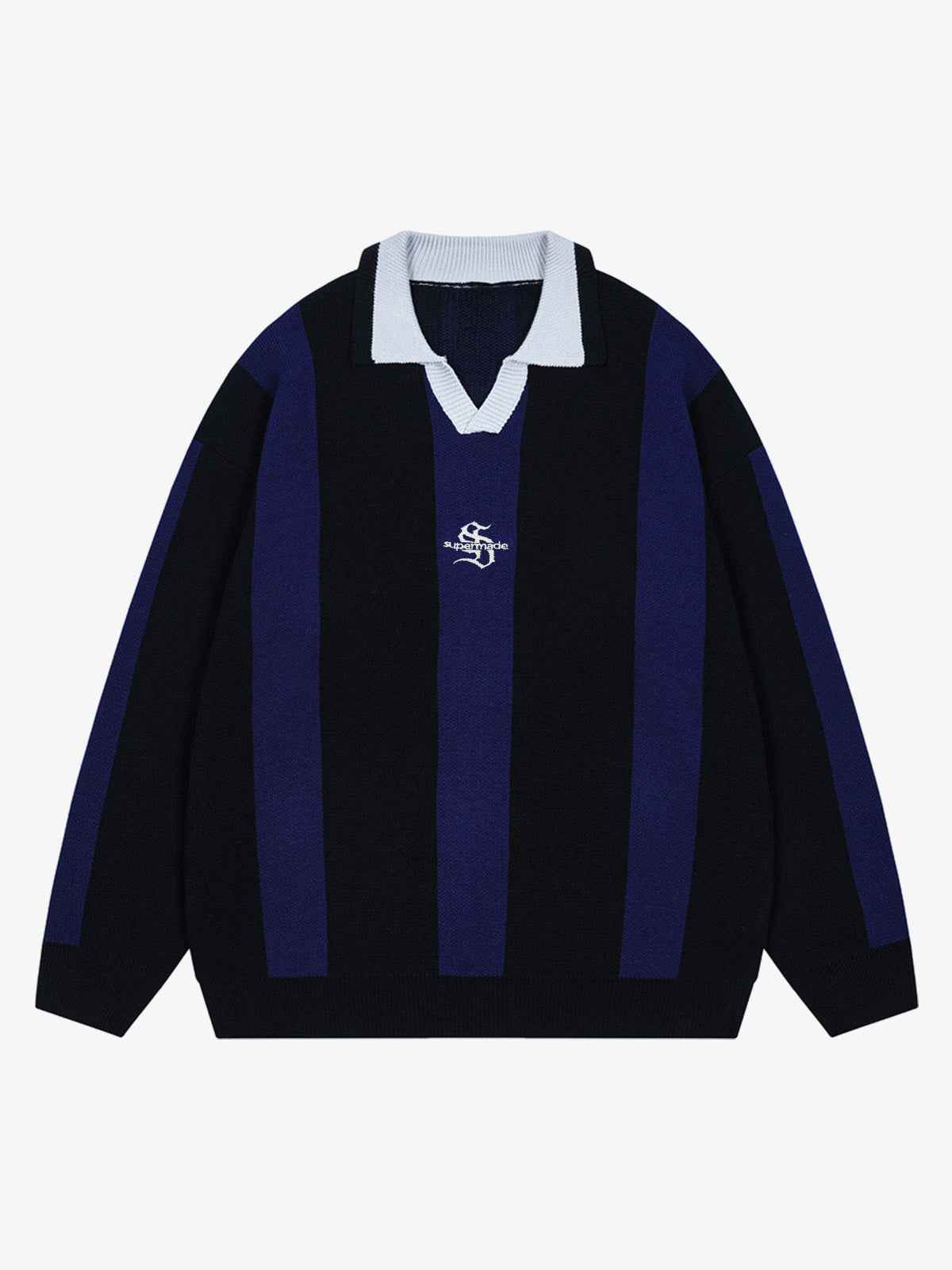 Vertical Striped Colorblock Lapel Sweater