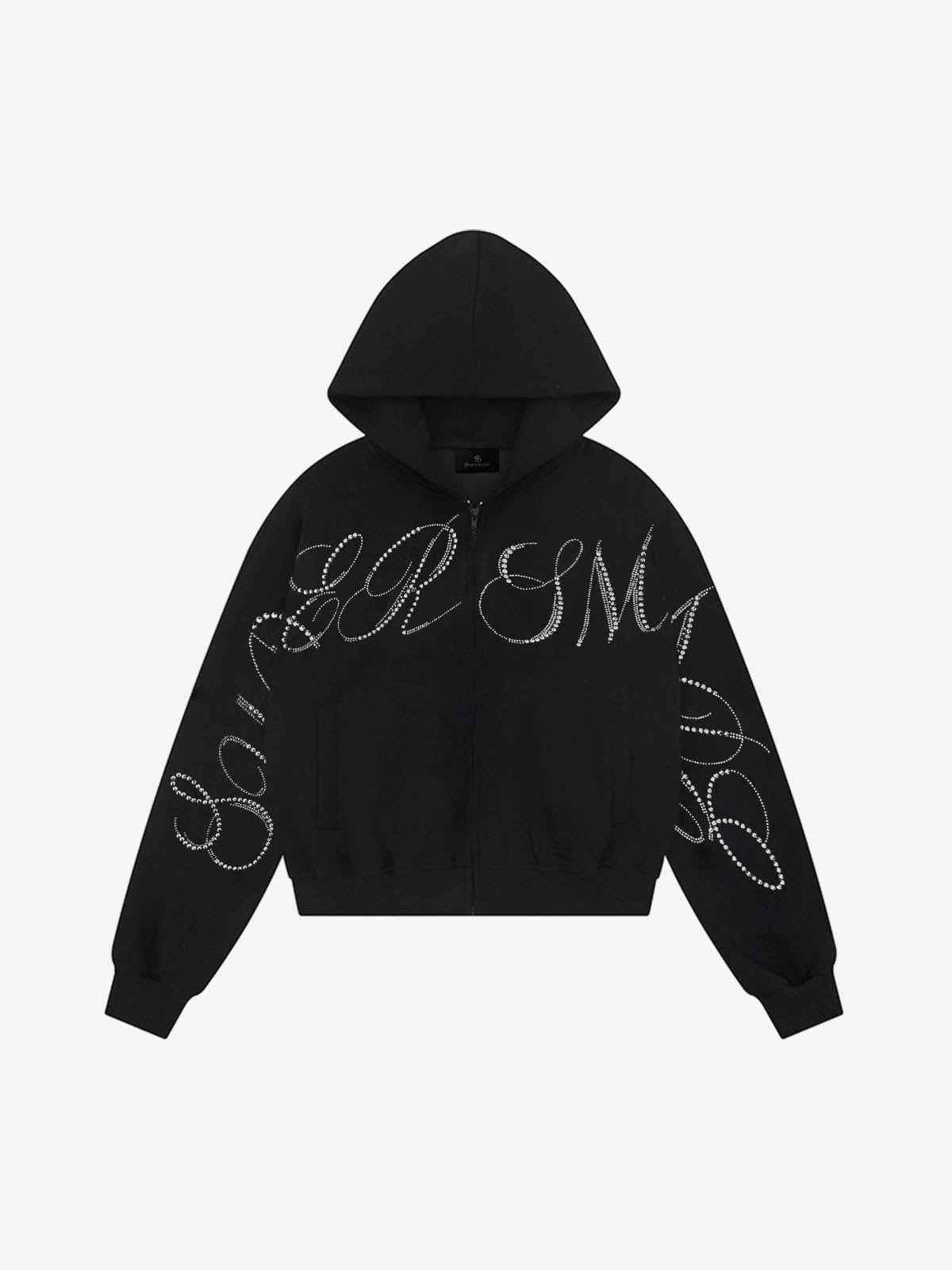Street Hip-Hop Rhinestone Cropped Zip Up Hoodie