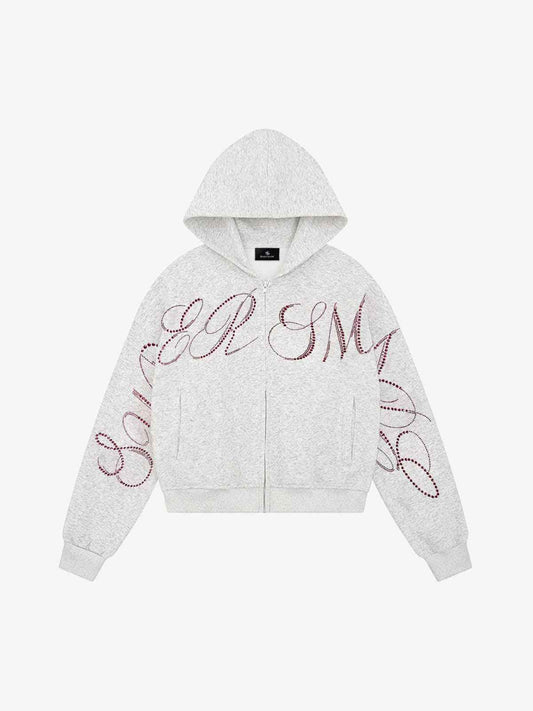 Street Hip-Hop Rhinestone Cropped Zip Up Hoodie