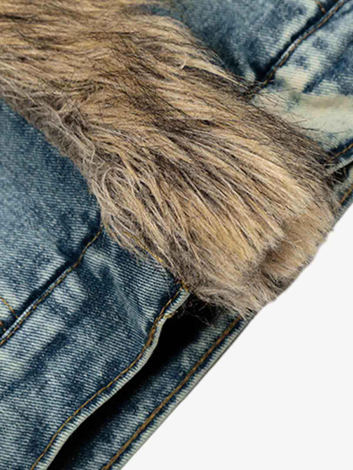 Vintage Faux Fur Trim Washed Padded Denim Jacket