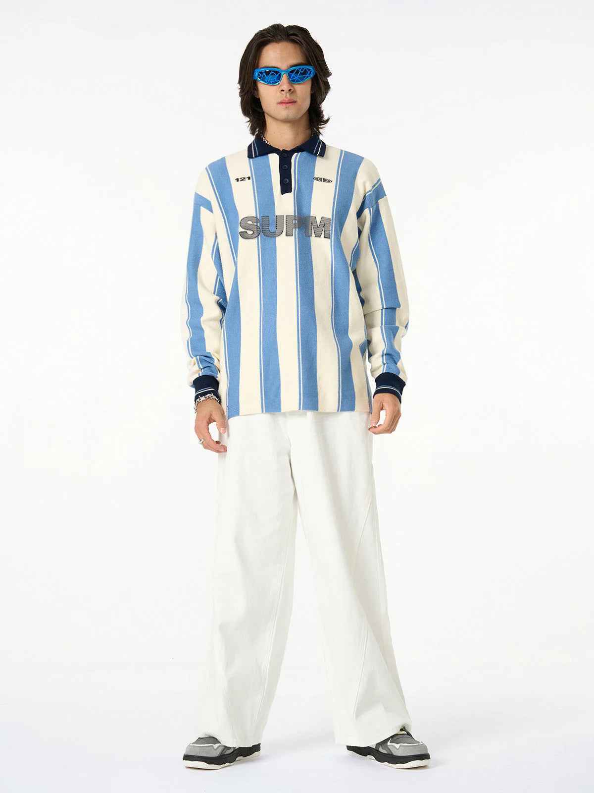 Retro Striped Polo Collar Sports Jersey Knit Sweater