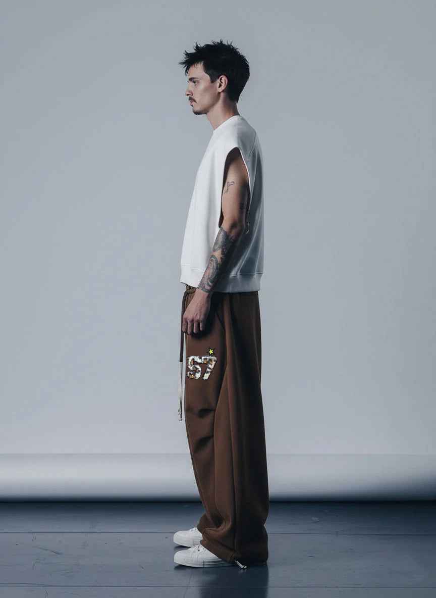 Retro Double-Waist Leopard Patch Barrel Pants - 2564