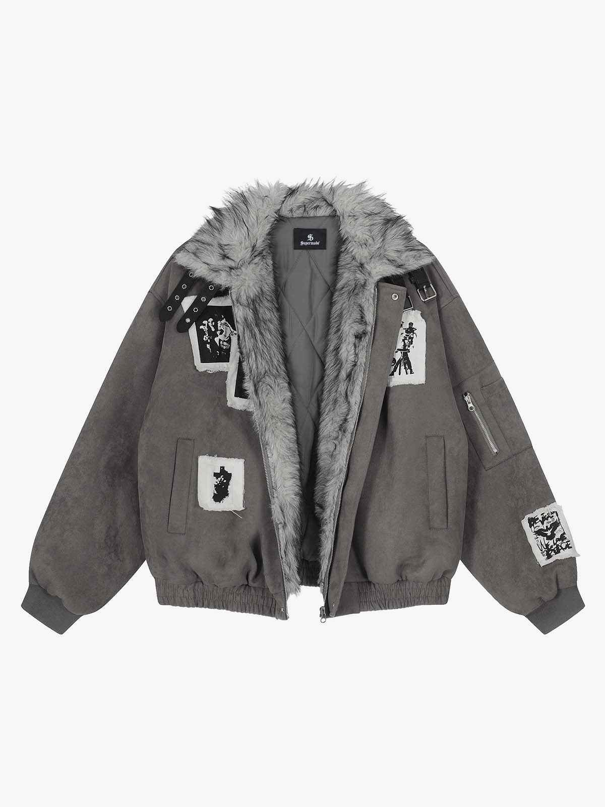 Faux Fur Collar Patchwork Embroidered Quilted Jacket