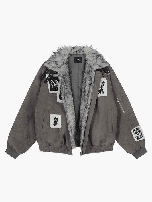 Faux Fur Collar Patchwork Embroidered Quilted Jacket