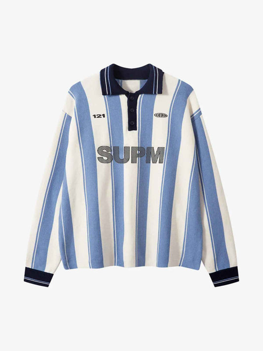 Retro Striped Polo Collar Sports Jersey Knit Sweater