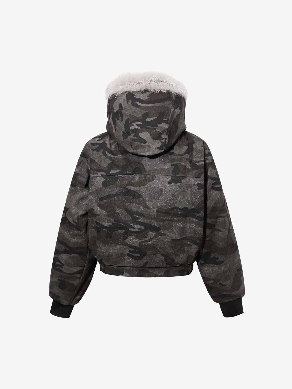 Vintage Camo Faux Fur Hood Padded Bomber Jacket - Luxuryurbanwear