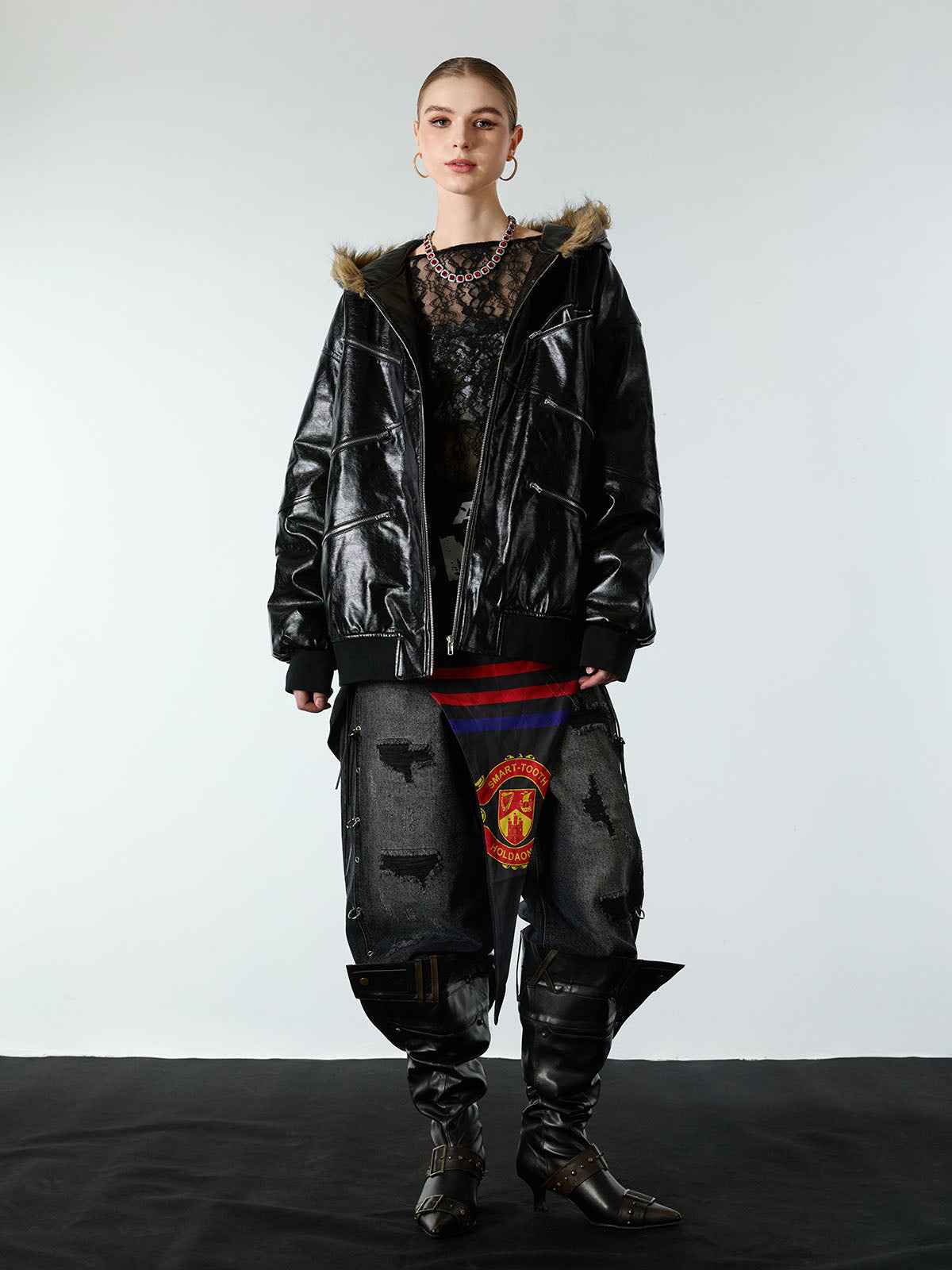 Multi-Zip Fur Hooded Leather Jacket