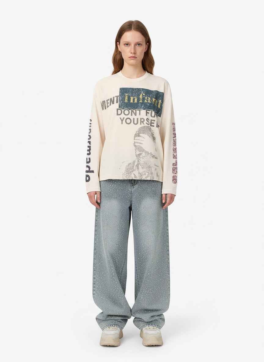 Waffle Knit Graphic Print Crewneck Sweatshirt - 2496