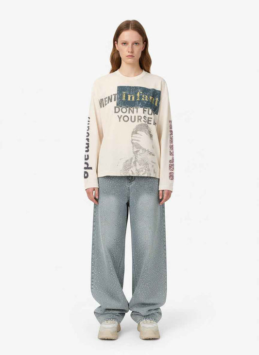Waffle Knit Graphic Print Crewneck Sweatshirt - 2496