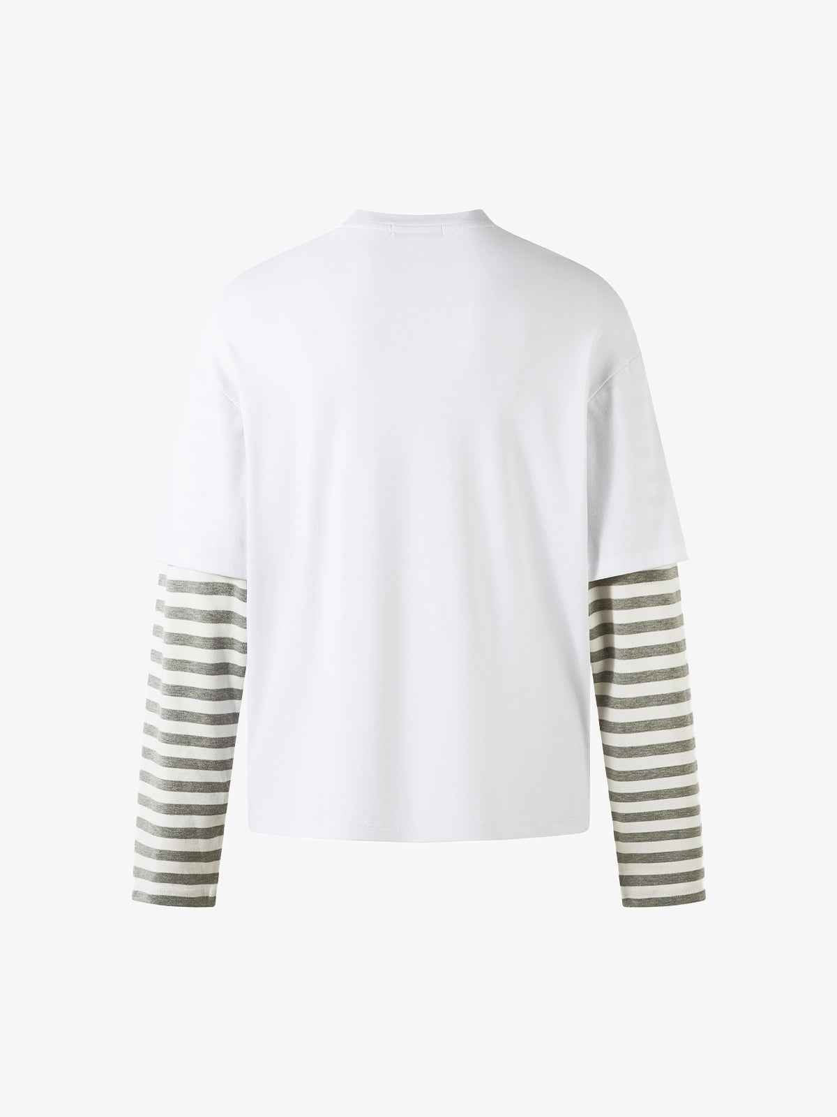 Cartoon Print Striped Sleeve Faux Two-Piece Long-Sleeve T-Shirt