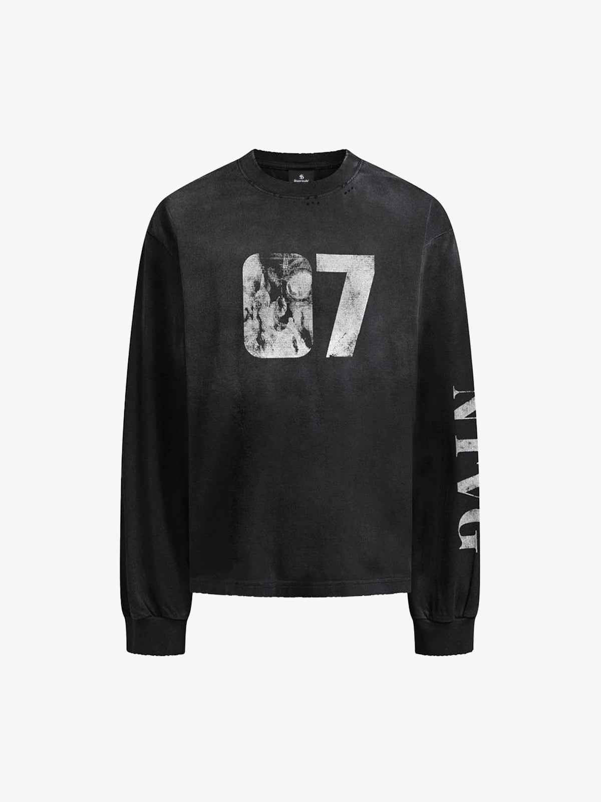 Distressed 07 Graphic Print Washed Long Sleeve T-Shirt