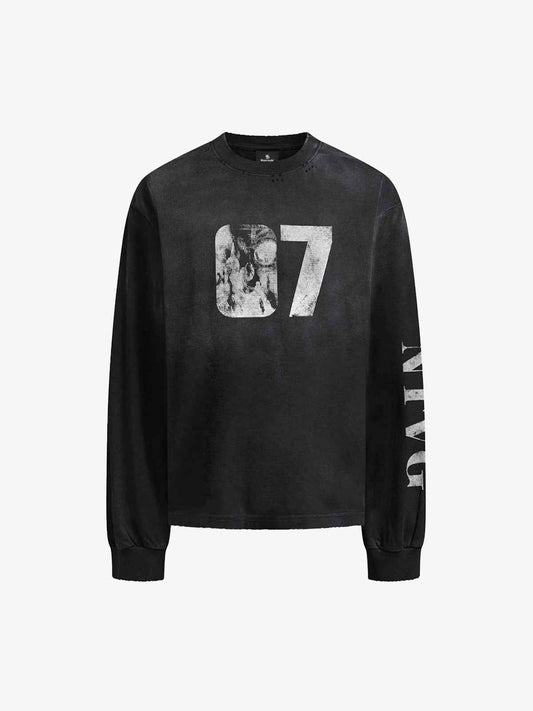 Distressed 07 Graphic Print Washed Long Sleeve T-Shirt