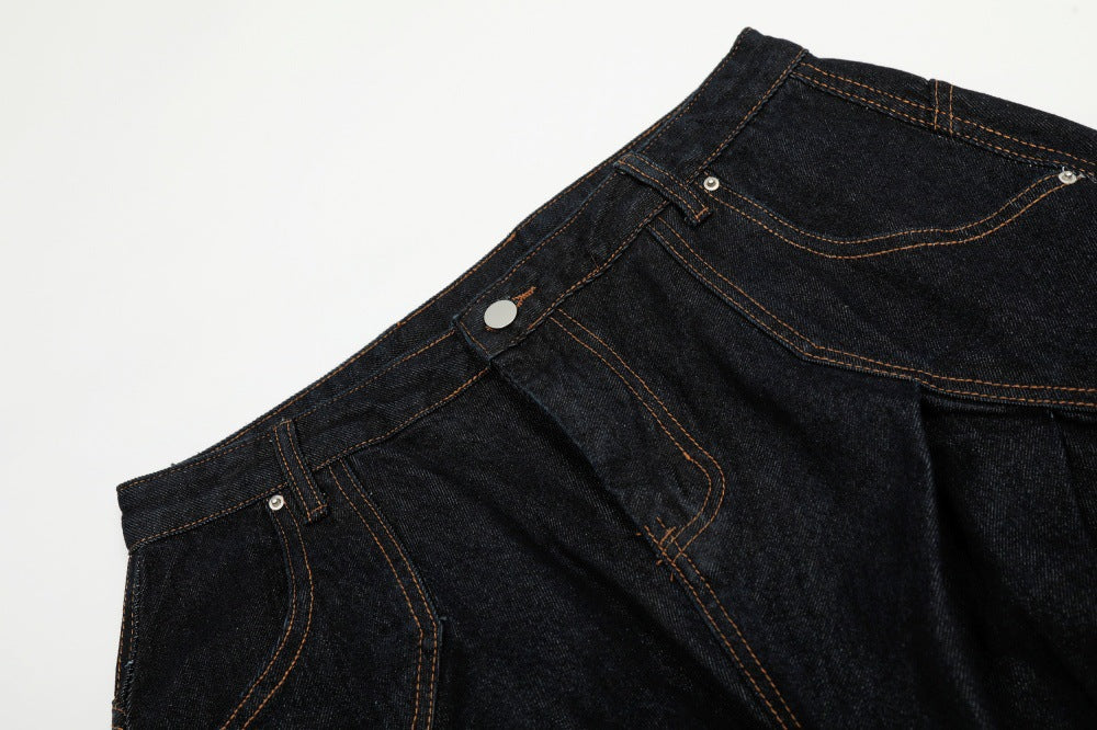 Deconstructed Contrast Stitch | Pleated Baggy Jeans - Luxuryurbanwear