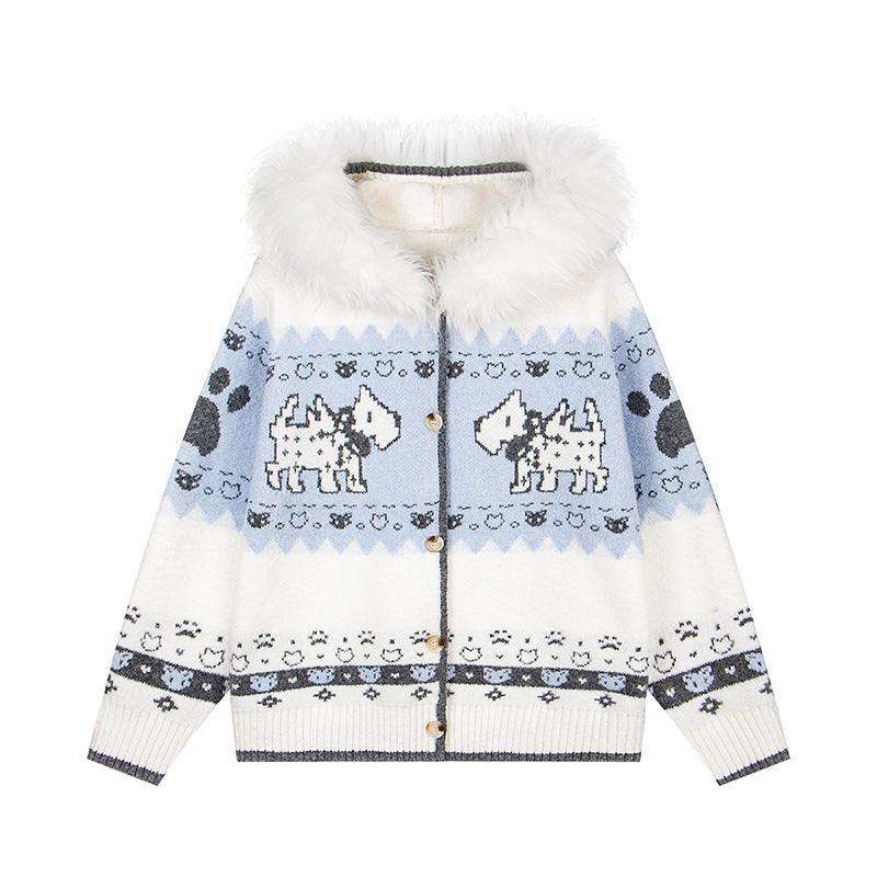Puppy Charm | Knitted Cardigan with Faux Fur Hood - Luxuryurbanwear