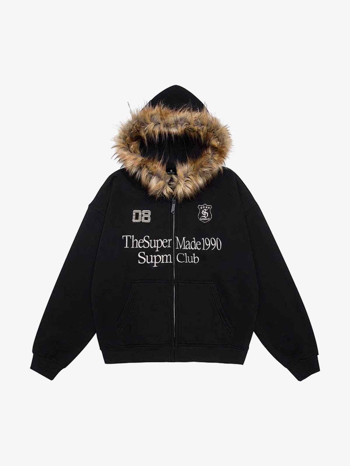 Letter Medal Embroidered Cardigan Fur Collar Zip Up Hoodie- 2502