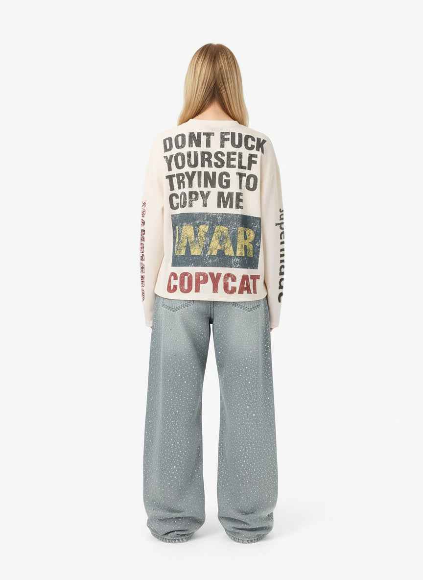 Waffle Knit Graphic Print Crewneck Sweatshirt - 2496