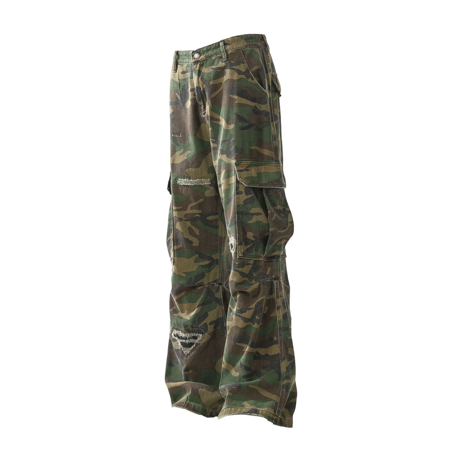 Ripped Camouflage Flared Cargos - Distressed Tactical Wide-Leg Pants | LuxuryUrbanwear - Luxuryurbanwear