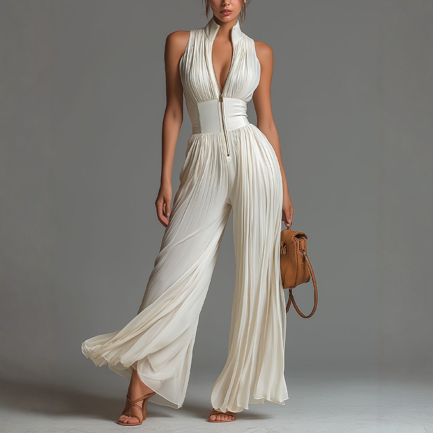 White Pleated Strap Neck Jumpsuit for Women, Long Wide Leg Fashion Sexy Folded Design