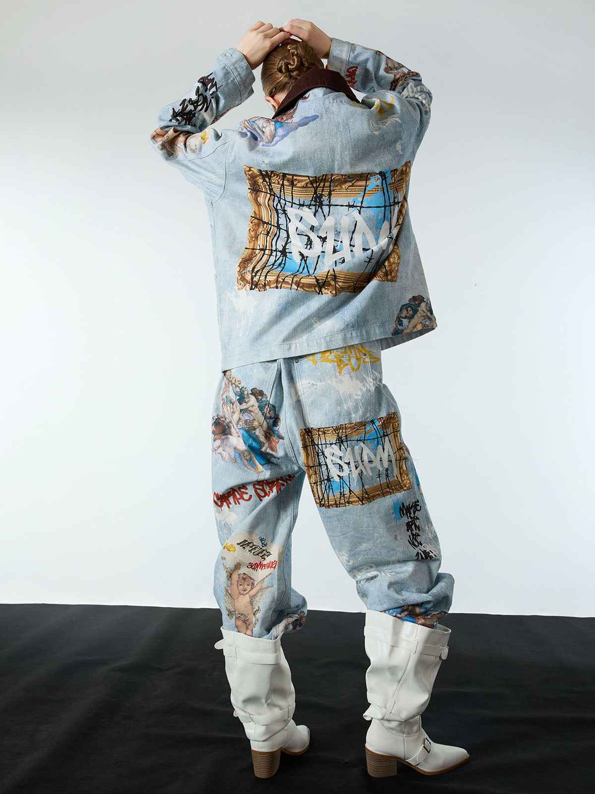 Artistic Patches Graphic  Distressed Denim Jacket - 2573