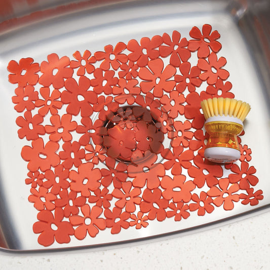 iDesign Blumz Floral Red Flexible Plastic Large Sink Protector Mat 12.5in x 16in