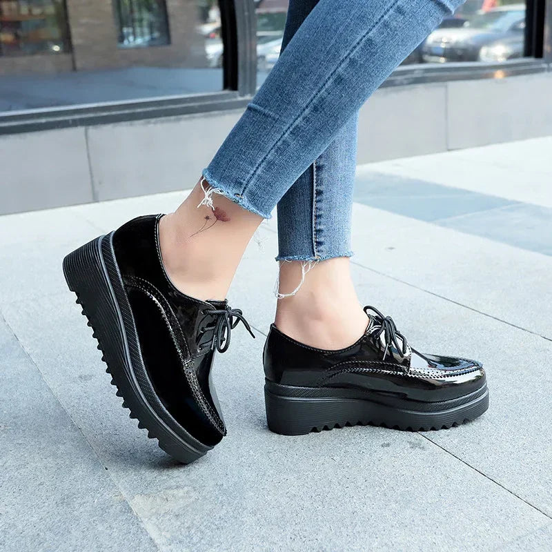 Women Oxford Lace Up Platform Shoes Black - Luxuryurbanwear