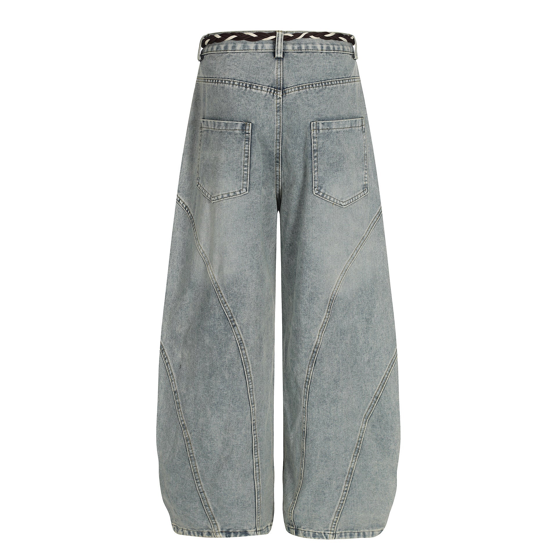 Denim Retro Belt Detail | Patchwork Barrel Jeans - Luxuryurbanwear